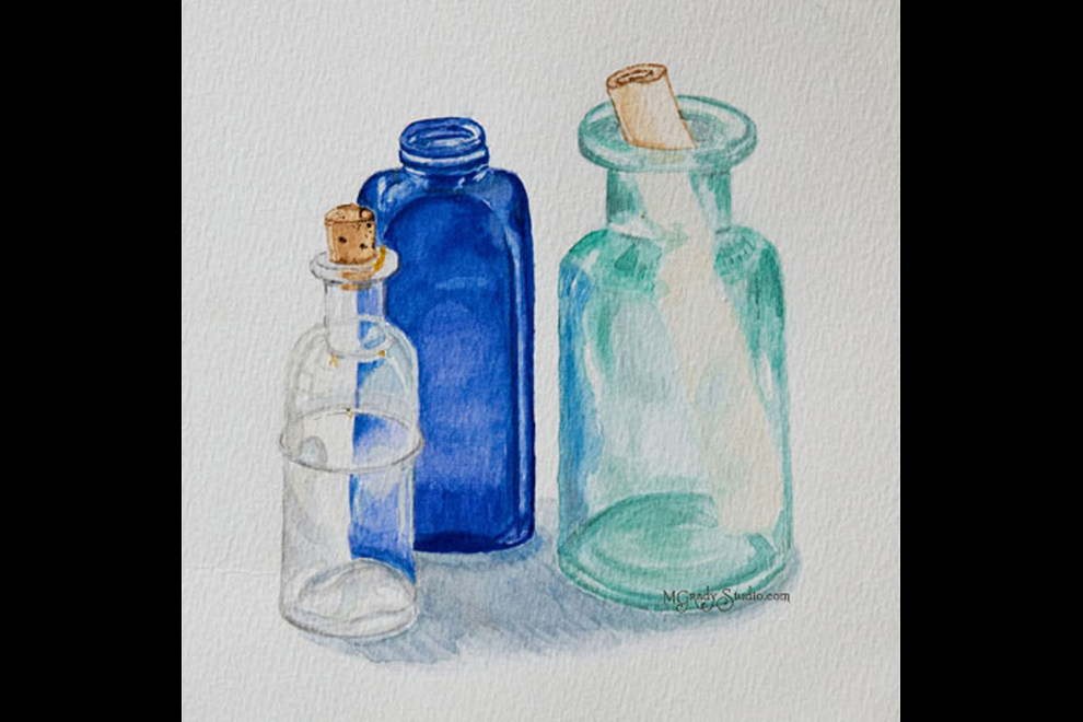 Watercolor BOTTLES GLASS 040000 Cold 5â€³x7â€³    Press painting on glass   with 1 Paper watercolors